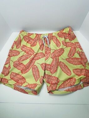 Bearbottom Men’s Yellow Swim Trunks with Coral Leaf Print and Elastic Drawstring